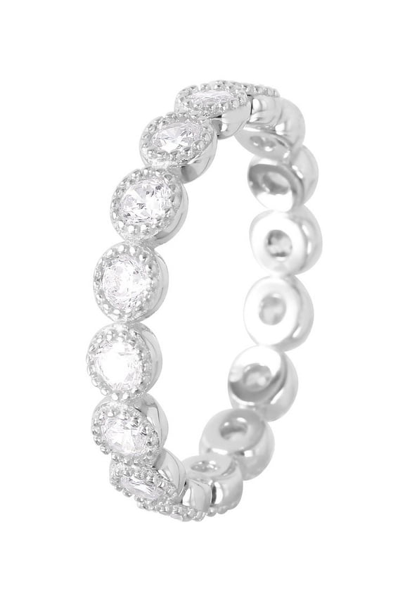 Round Bezel Set Clear Cubic Zirconia Beaded Stackable Ring Rhodium Plated Sterling Silver Size 6