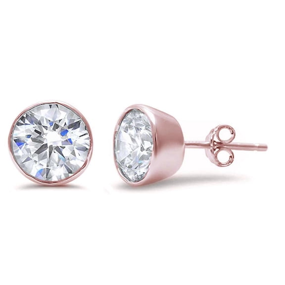 Round Bezel Set Cubic Zirconia 8MM Screw Back Earrings Rose Gold-Tone Plated Sterling Silver