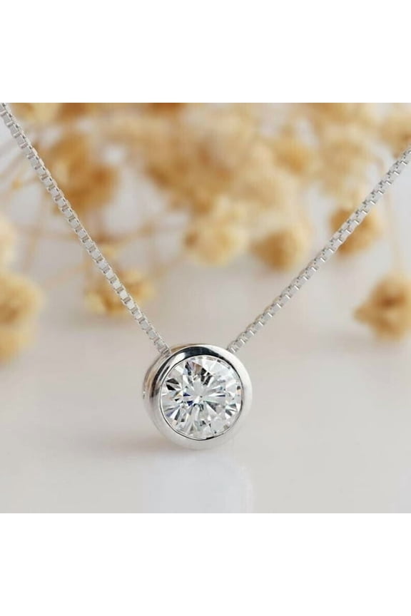 Round Bezel Set Lab Created Diamond Pendant Necklace 2 CT 14K White Gold Plated
