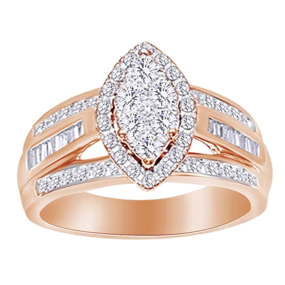 AFFY Round & Bguette Cut White Natural Diamond Engagement Ring In 10k Rose Gold (0.5 cttw) Ring Size-4