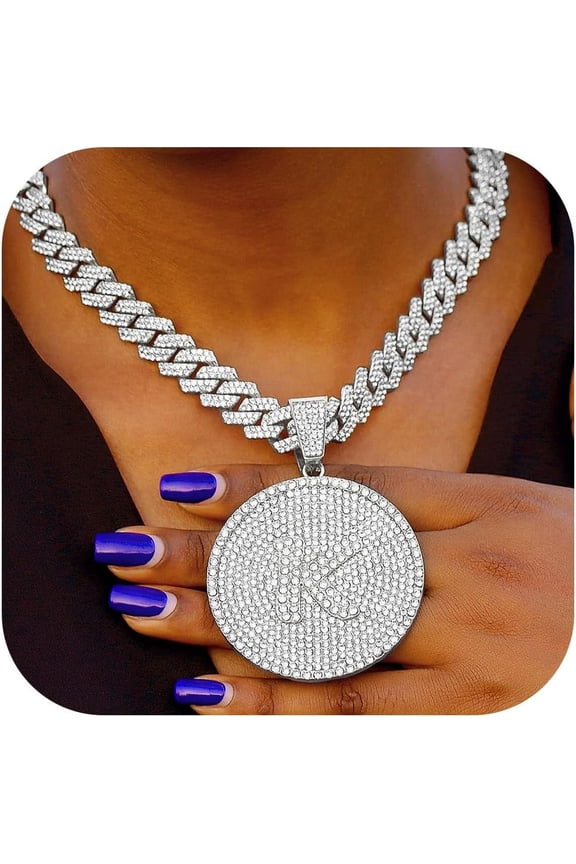 Round Big Initial Necklace For Women, Cuban Link Chain 14Mm Diamond Prong Cuban Chain, Cursive Gold Silver Initial Necklace Cuban Link Necklace[Z2174]