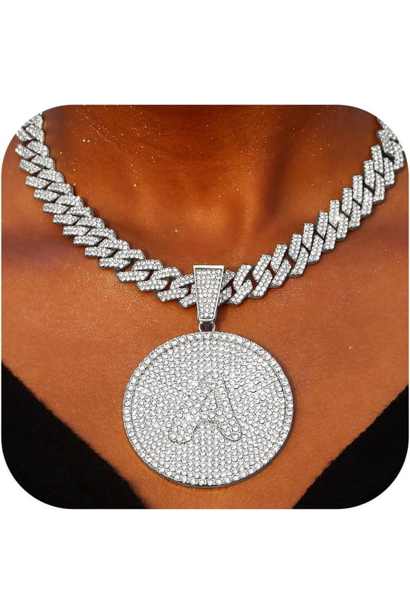 Round Big Initial Necklace For Women, Cuban Link Chain 14Mm Diamond Prong Cuban Chain, Cursive Gold Silver Initial Necklace Cuban Link Necklace[Z2178]