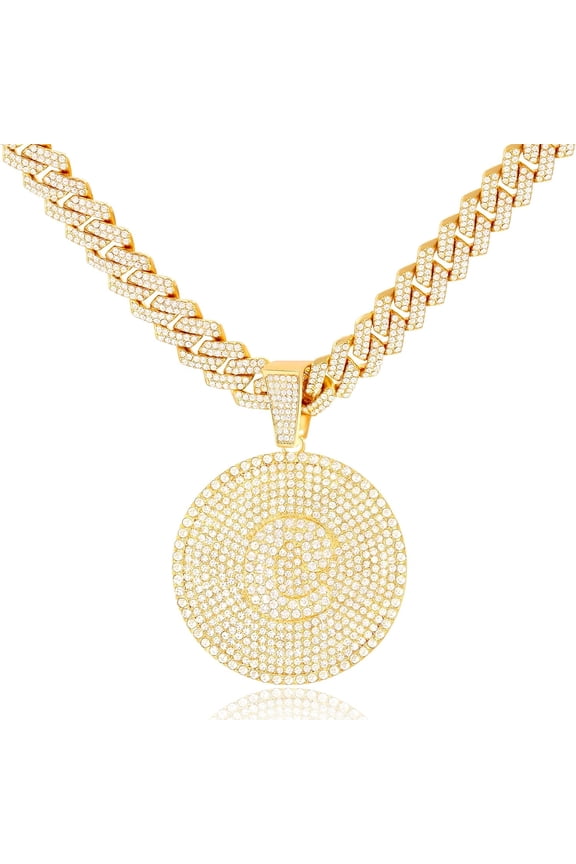 Round Big Initial Necklace For Women, Cuban Link Chain 14Mm Diamond Prong Cuban Chain, Cursive Gold Silver Initial Necklace Cuban Link Necklace[Z2203]