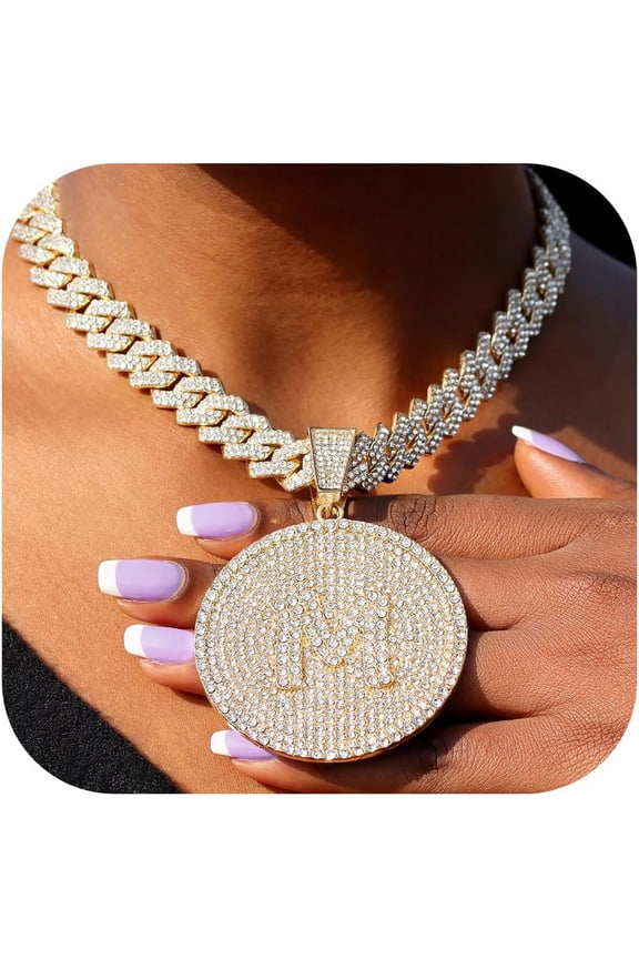 Round Big Initial Necklace For Women, Cuban Link Chain 14Mm Diamond Prong Cuban Chain, Cursive Gold Silver Initial Necklace Cuban Link Necklace[Z2205]