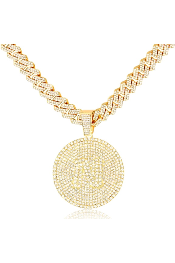 Round Big Initial Necklace For Women, Cuban Link Chain 14Mm Diamond Prong Cuban Chain, Cursive Gold Silver Initial Necklace Cuban Link Necklace[Z2207]