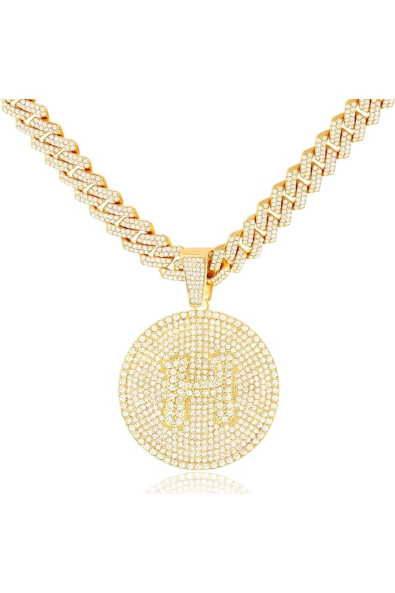 Round Big Initial Necklace For Women, Cuban Link Chain 14Mm Diamond Prong Cuban Chain, Cursive Gold Silver Initial Necklace Cuban Link Necklace[Z2211]
