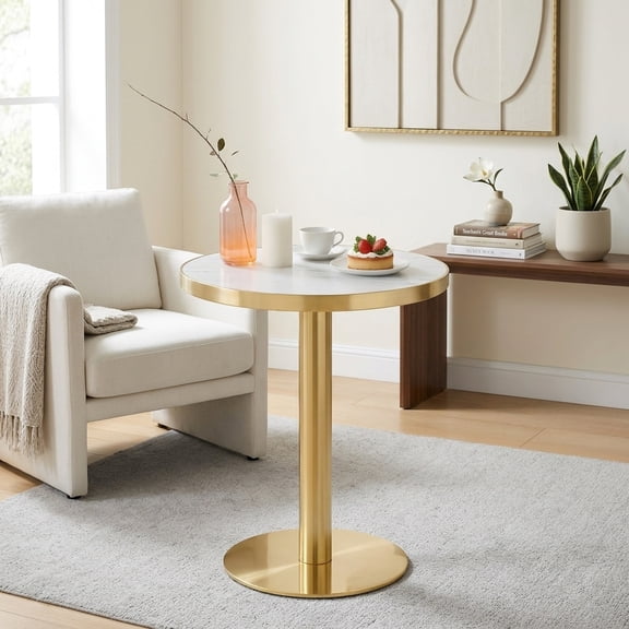 Round Bistro Table with High-Gloss White Marble Top and Gold Stainless Steel Edge - 23.6 Inch