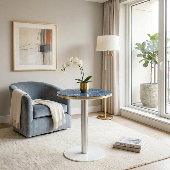 Round Bistro Table with Stainless Steel Edge & Faux Marble Top - Blue/Gold & Silver