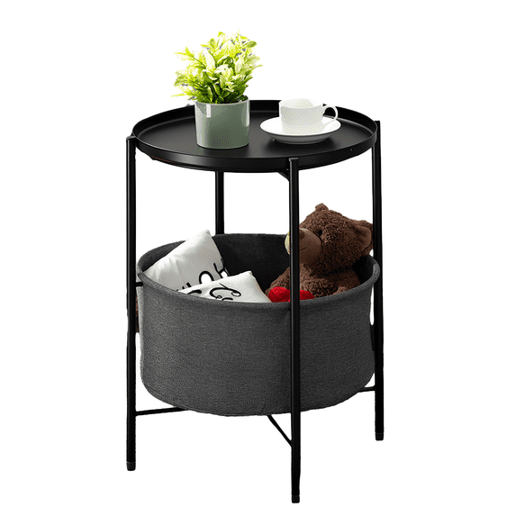 Round Black Coffee Table for Living Room with Storage Basket