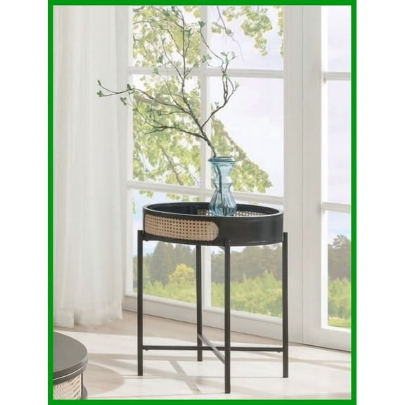 Round Black Coffee Table with Wooden Top, Metal Legs & Rattan Insert – Space-Saving Storage for Living Room