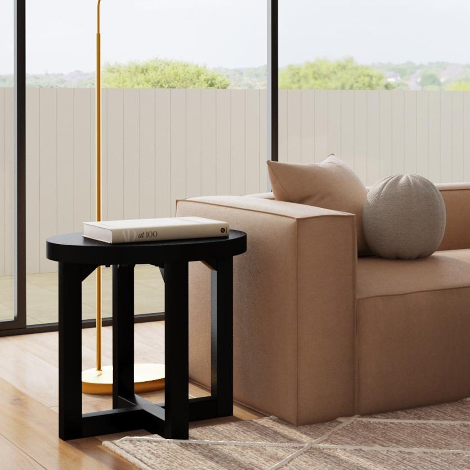 Black Round Solid Wood Accent Table with Cross Base, 22" Diameter