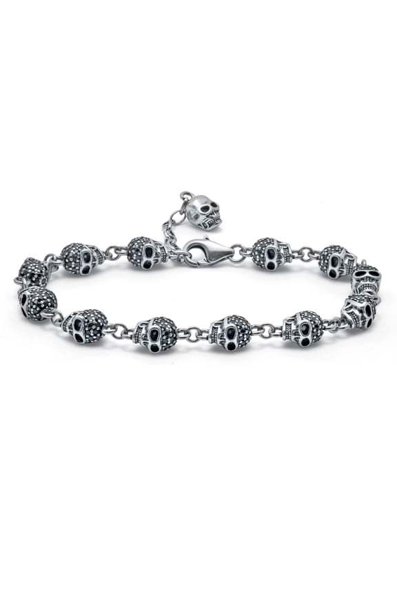 Round Black Crystal Silvertone Antiqued Skull Bracelet 7 to 8.5-inch