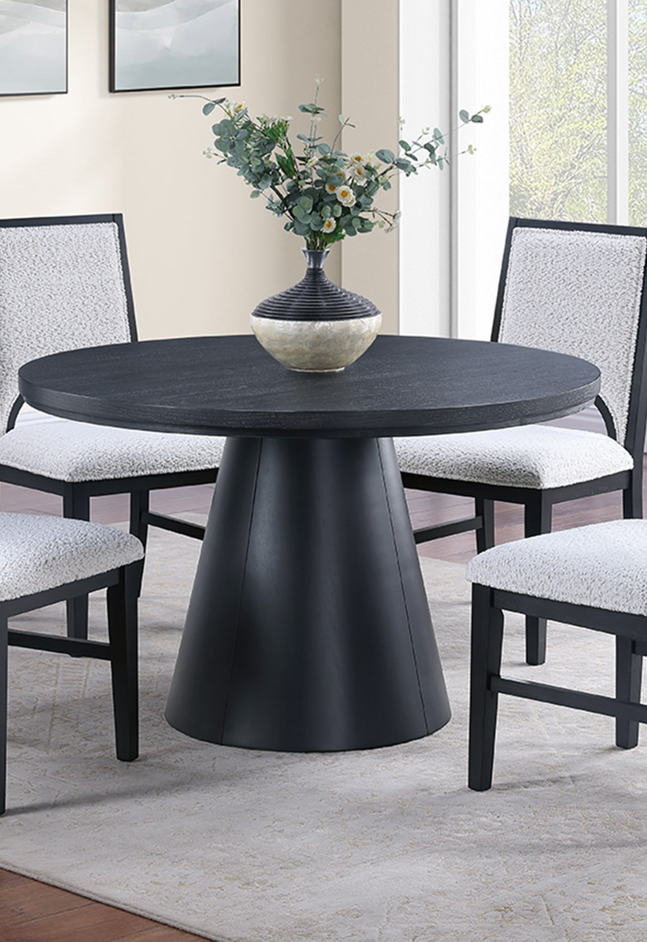 Round Black Dining Table - 48" Modern Round Table for 4, Cone Base ...