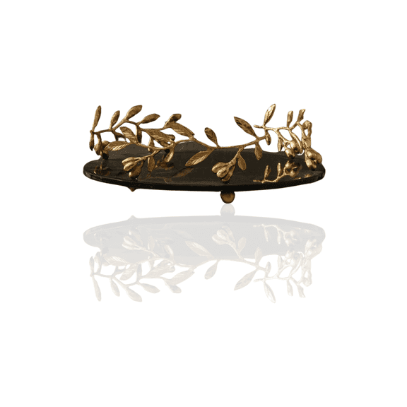 Round Black Glass Tray with Gold Olive Branch Detailing