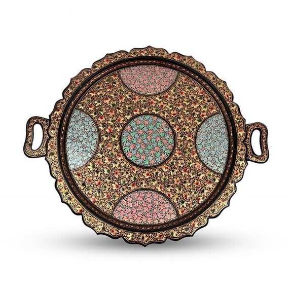 Round Black & Golden Papier-Mâché Tray with Vibrant Chinar Leaves – Artistic Kashmiri Serveware