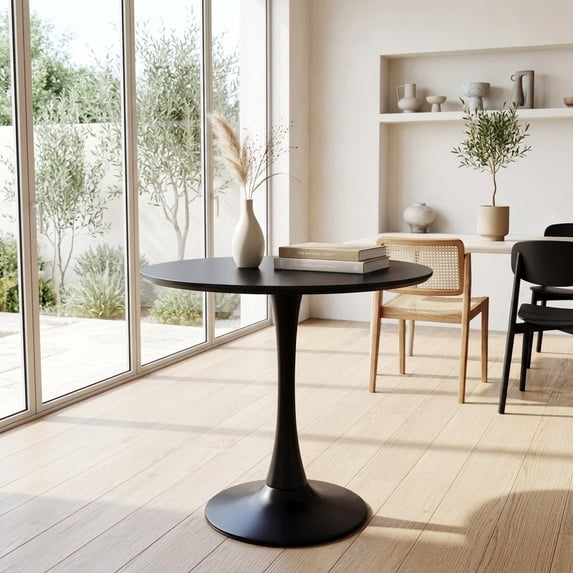 Round Black MDF Dining Table with Pedestal Base - Mid-Century Modern Style for Kitchen & Living Room