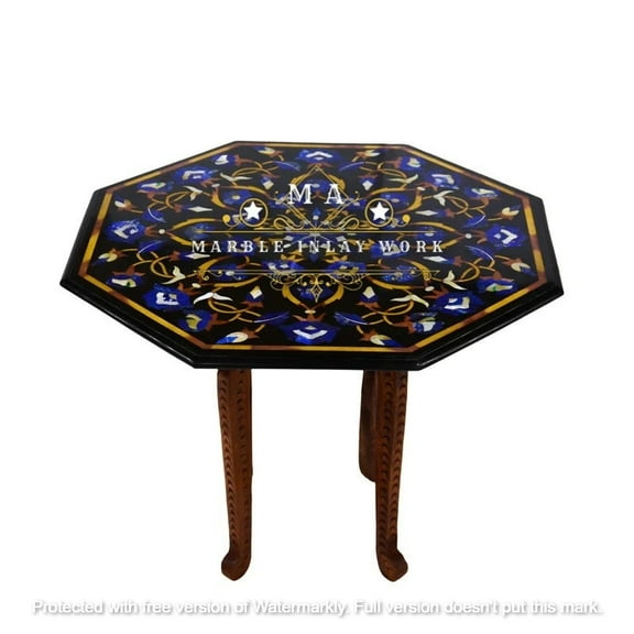 Round Black Marble Dining Table Handcrafted Semi-Precious Floral Stone Inlay for Coffee, Side, and Dining Room Furniture