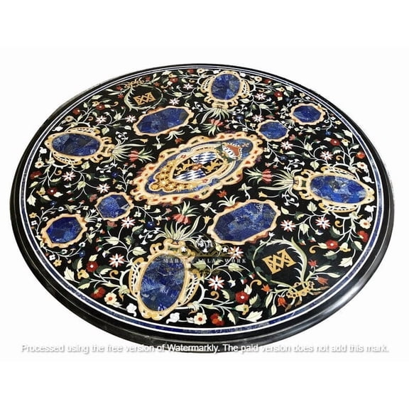 Round Black Marble Dining Table Top with Shiny Multicolor Stone Inlay – Elegant Sofa Table for Hotel Area Decor-55 Inch