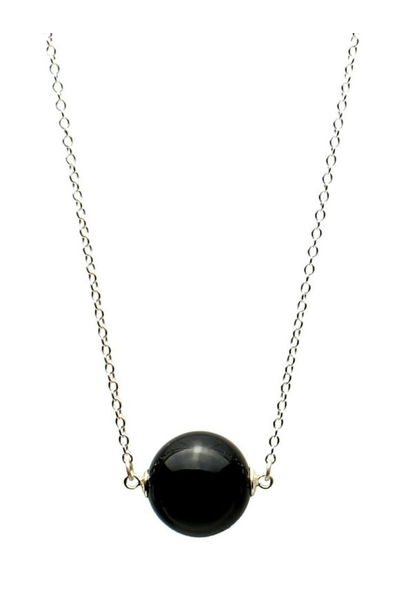 Round Black Onyx Stone Station Sterling Silver Cable Chain Necklace 18"
