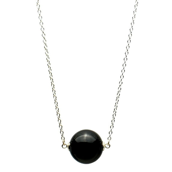 Round Black Onyx Stone Station Sterling Silver Cable Chain Necklace 18"
