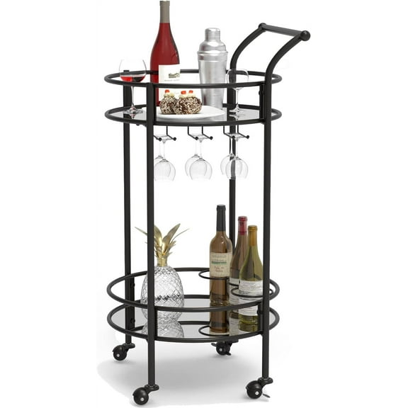 Round Black Rolling Bar Cart with 2 Mirror Shelves, Wine Rack and Lockable Casters, Suitable for Home Kitchen, Club, Living Room, Thanksgiving, Christmas, New Year, 15"X15"X30.7"