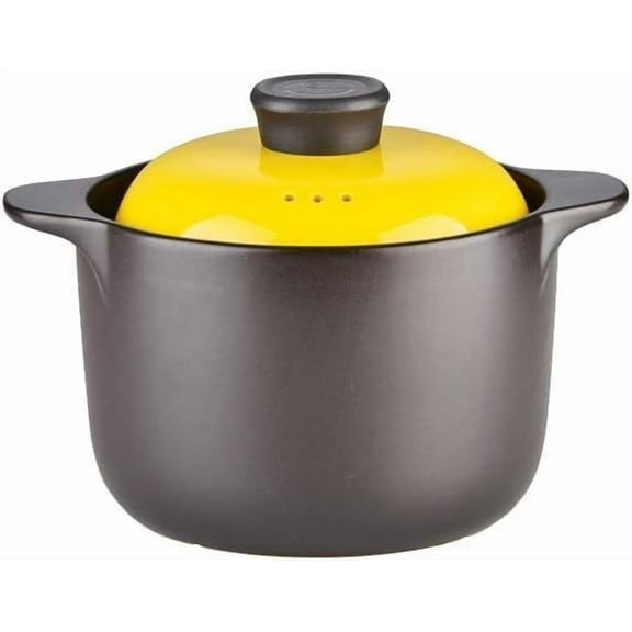 Round Black Stoneware Cooking Pot Tureen Soup Casserole Dish, Chinese Soup/Clay/Earthen Pot With Double Handle And Yellow Lid, Ceramic Cookware