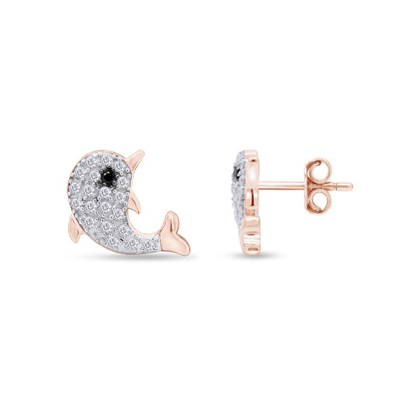 AFFY Round Black & White Cubic Zirconia Cute Dolphin Stud Earrings In 14k Rose Gold Over Sterling Silver