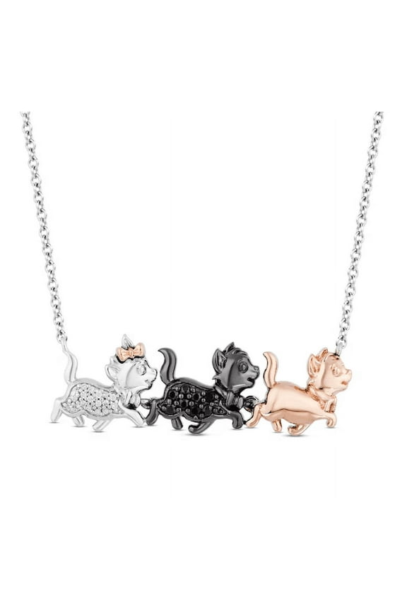 Round Black & White Diamond Cute Aristocats Necklace Charm Pendant Necklace 14K Three-Tone Yellow Gold Finish 925 Sterling Silver Cat Pendant