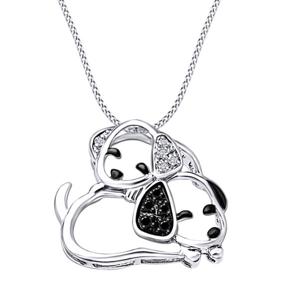 AFFY Round Black & White Natural Diamond Accent Puppy Pendant Necklace In 14k White Gold Over Sterling Silver