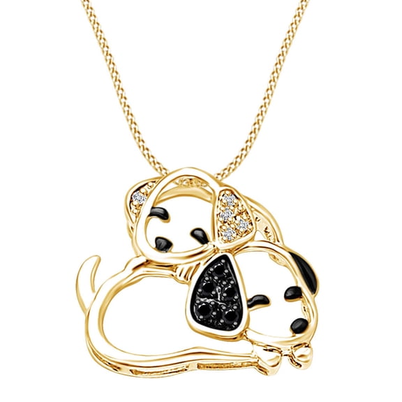 AFFY Round Black & White Natural Diamond Accent Puppy Pendant Necklace In 14k Yellow Gold Over Sterling Silver