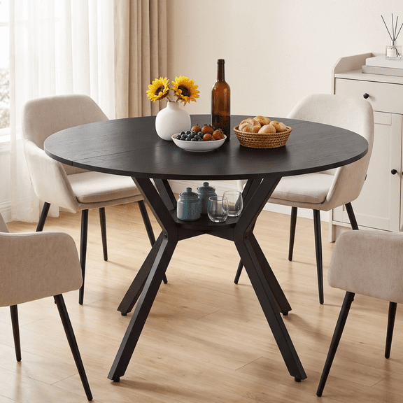 Round Black Wood Grain Dining Table with Star Shape Metal Base, Seats 4-6, Modern Industrial Minimalist Circular Kitchen Dinner Table for Home, Dining Room, Kitchen & Apartment Breakfast Nook