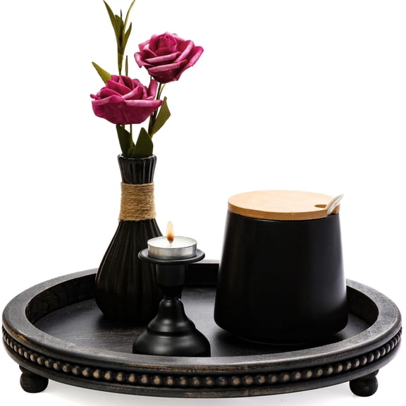 Round Black Wooden Decorative Serving Tray For Dining, Entryway And Living Spaces