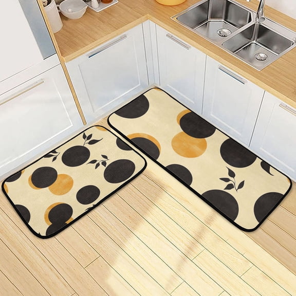 Round Black and Yellow Kitchen Mat Set of 2 Cushioned Non Slip Rugs for Bedroom Floor Runner Mats