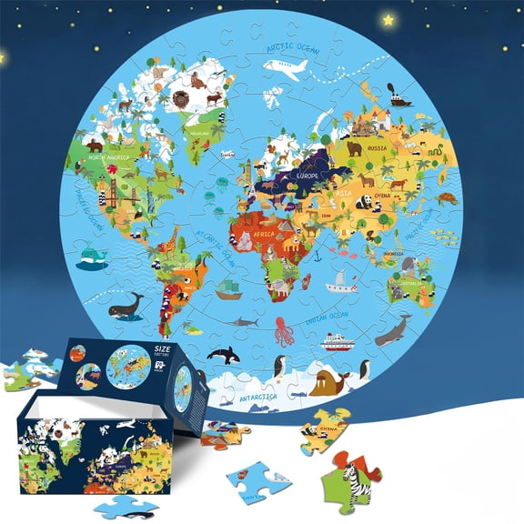 Round Blue Card Paper 70 Piece World Map Puzzle,Educational Happy Learning Cognition Toys,Spatial Thinking Patience Coordination Exercise Toys,Parent Child Interactive Decorative Ornament Gift Toys