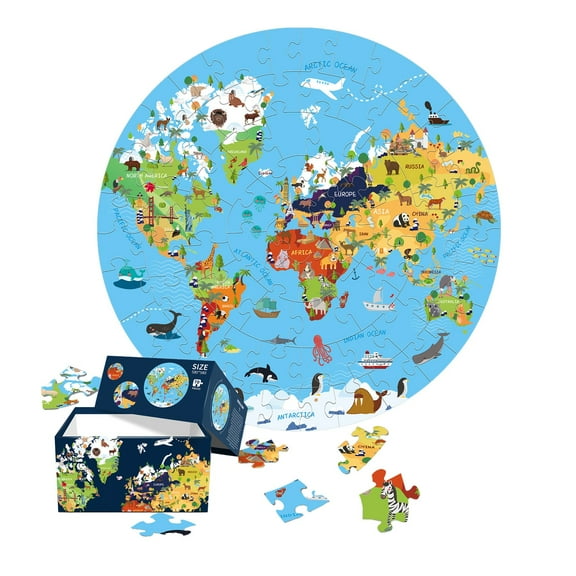 Round Blue Card Space Glow-in-the-Dark Puzzle with 70 Pieces, Educational World Map Design for Cognitive Development Ages 5+ Years