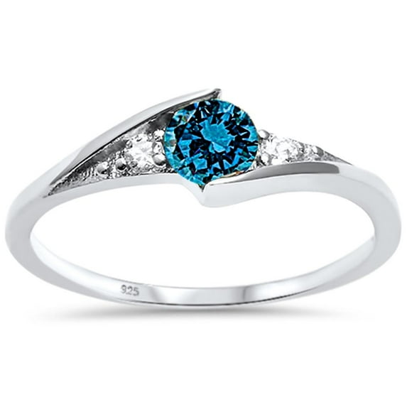 Round Blue & Clear CZ Three Stone Wavy Ring Sterling Silver Size 3