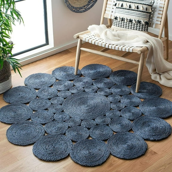 Round Blue Color Hand Braided Home Decorative Area Rug Living room Area rug Indoor Outdoor Carpet Door Mat-12x12 Square Feet (144x144 Inch)