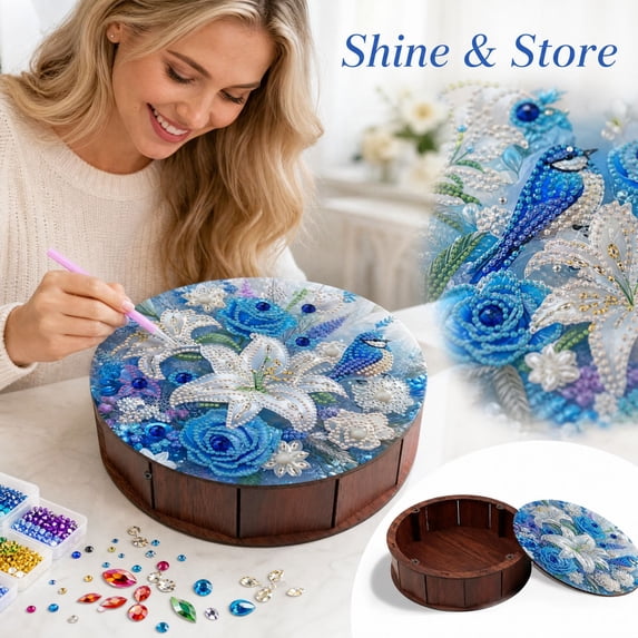 Storage Box Or Racks Round Blue Flower Crystal Craft Storage Box, Removable Lid Desktop ...