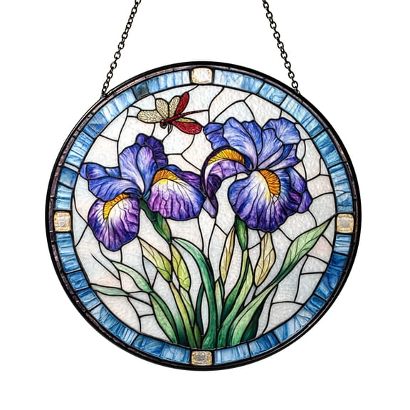 Round Blue Iris Sun Catcher Glass Window Hanging Nature Inspired Art