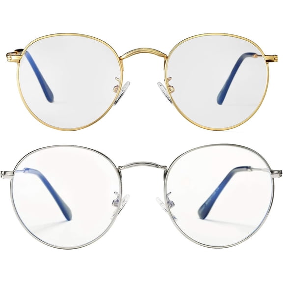 Round Blue Light Glasses for Women Men Retro Circle Clear Lens Metal Frame Eyeglasses