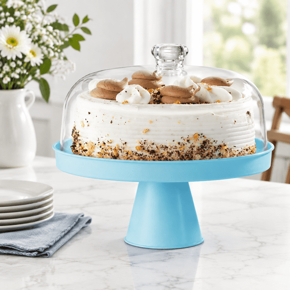 Round Blue Metal Footed Cake Stand with Dome Lid Serving Platter