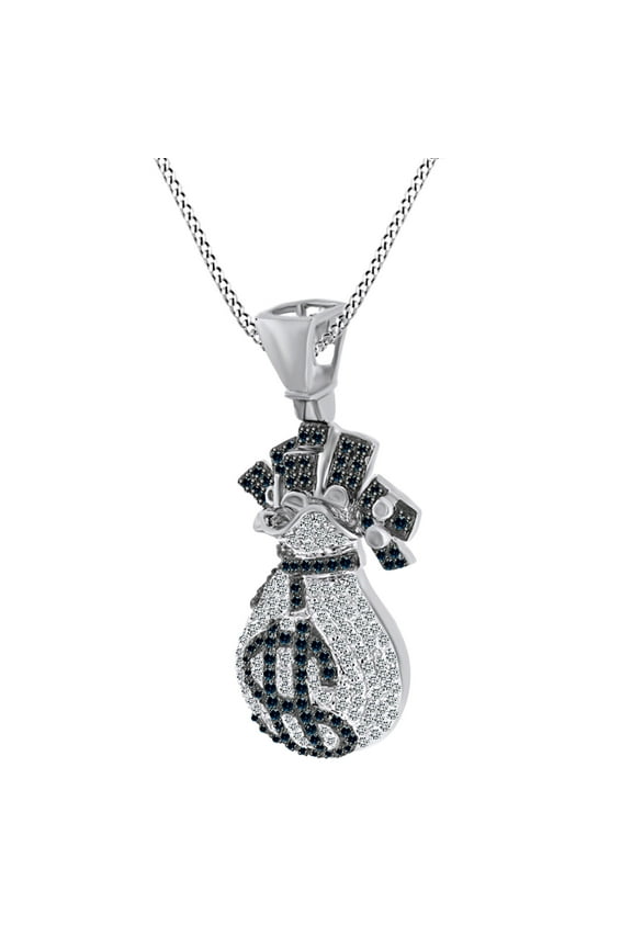 Round & Blue Natural Diamond Money Bag Dollar Sign 10k Solid White Gold Pendant Necklace (1 Cttw)