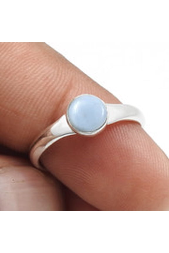 Round Blue Opal Stone Solid Sterling Silver Band Bezel Wife Ring Jewelry Size 7