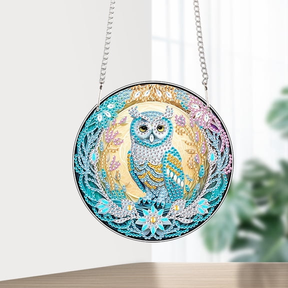 Round Blue Owl Diamond Art Painting Kit Pendant