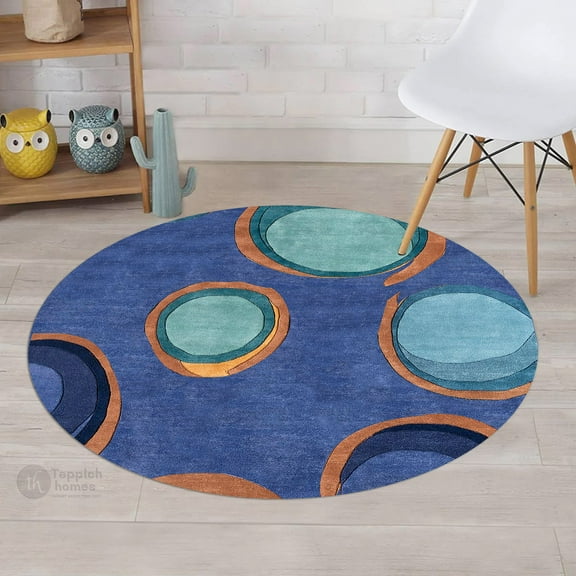Round Blue Rug, Handmade carpet 18x18, Geometric wool rugs, Bedroom, Living Room.