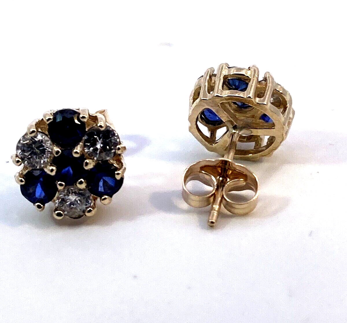 Round Blue Sapphire Diamond Cluster Stud Earrings 2CT 14K Yellow Gold Plated