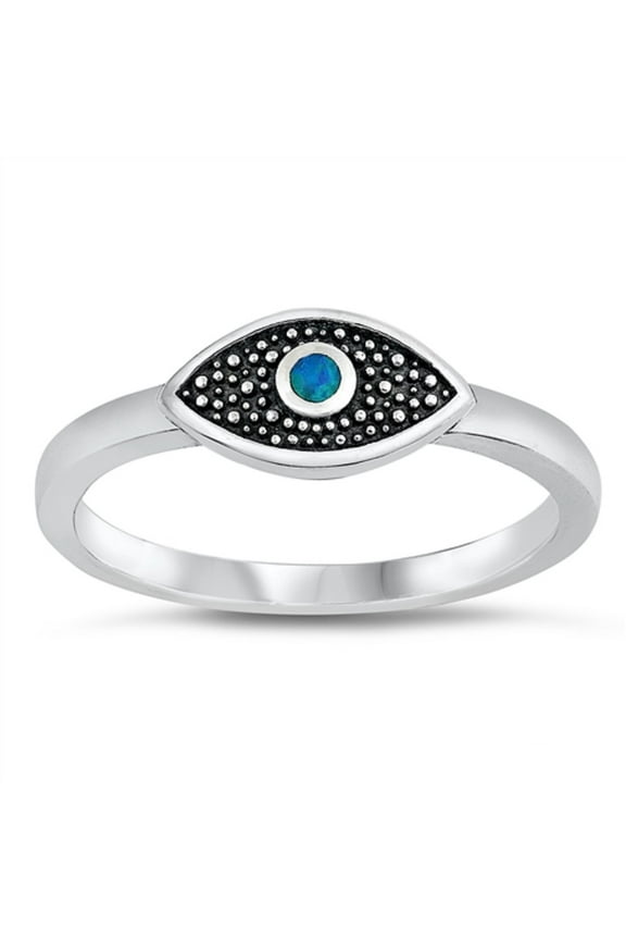 Round Blue Simulated Center Opal Beaded Evil Eye Ring Sterling Silver Size 8