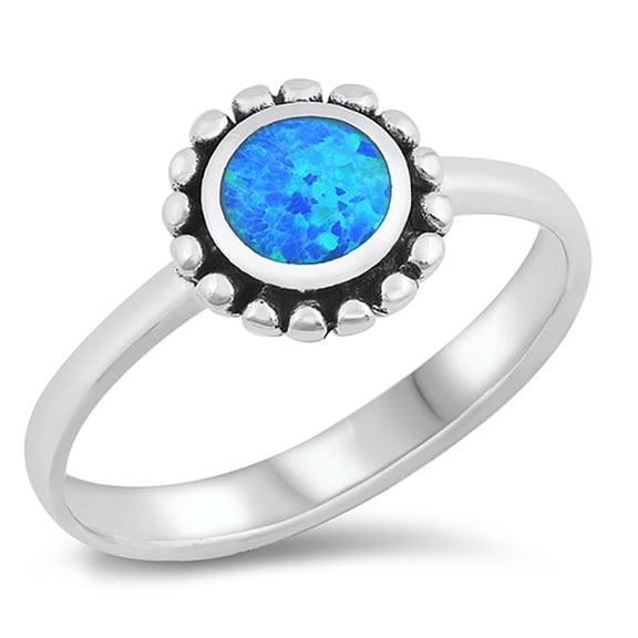 Round Blue Simulated Opal Beaded Sunflower Ring Sterling Silver Size 5