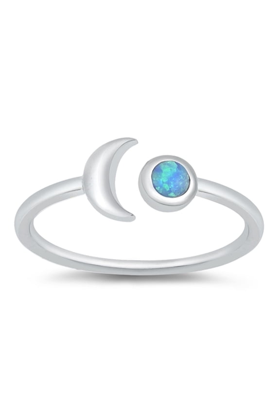 Round Blue Simulated Opal Crescent Moon Ring Sterling Silver Size 8