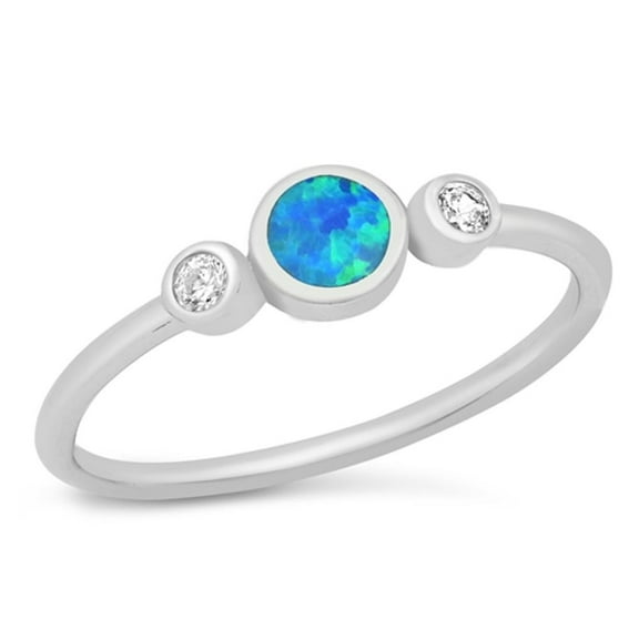Round Blue Simulated Opal Promise Ring .925 Sterling Silver Band White CZ Jewelry Female Size 4